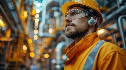 Workers in large industrial plants wear protective equipment including hard hats, eye protection, ear plugs, and vis clothing.