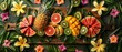 A flat lay of a tropical fruit platter arranged on a wooden cutting board, including sliced watermelon, pineapple, mango, and kiwi, surrounded by palm leaves and exotic flowers