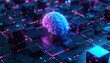 Abstract concept of artificial intelligence with glowing brain and cubes on black background, illustration design for web banner poster and presentation