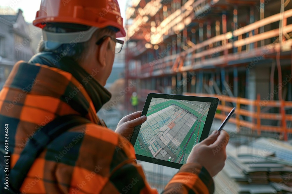 Construction worker using tablet to view map on construction site ...