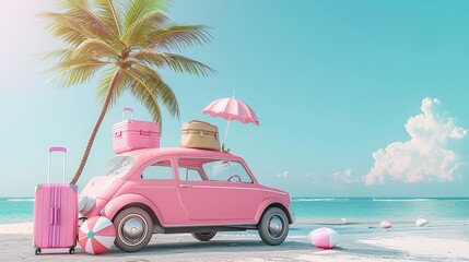 Pink car with luggage and beach accessories ready for summer vacation. Creative travel concept idea with copy space for text.