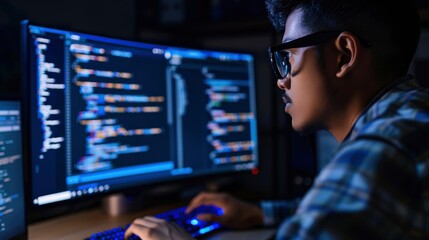 A man is sitting in front of two computer monitors