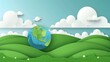 background for Earth Day with green hills, clouds and a paper cut world globe in the flat design style , 2d