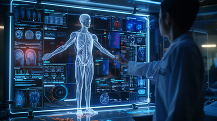 Wall Mural - A man is pointing at a computer screen that displays a 3D image of the human body. The picture was shown in a hospital. and the man is a doctor or medical professional.