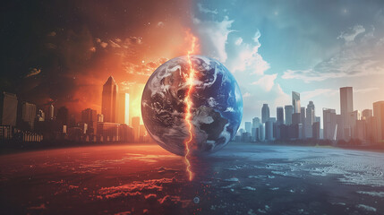 Canvas Print - A planet is divided into two parts with cities on each side. The planet was surrounded by fiery explosions.