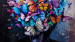 portrait of a beautiful woman with butterflies in her hair and around her head