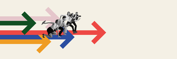 Wall Mural - employees running in front of multicolored line, competing with each other. contemporary art collage