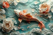A Large, Orange And White Koi Fish With Black Markings Swims In A Clear Pond Surrounded By Pink And White Water Lilies.