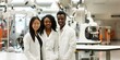 International group of scientists - African-American and Asian woman and man together in modern high-tech laboratory, smiling colleagues at work in lab with equipment, AI generated