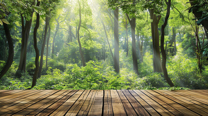 Sticker - Green forest with trees and wooden floor background