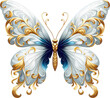 Luxury white blue gold butterfly drawing clipart, golden butterfly luxury pearl style