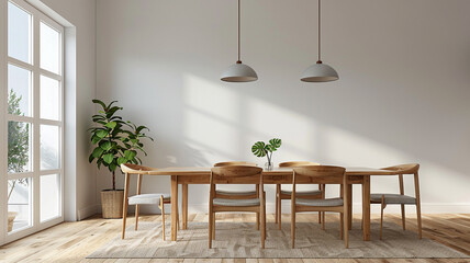 Canvas Print - modern dining room interior with a light brown wooden table and chairs