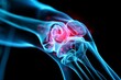 This image depicts a human knee joint with glowing X-ray details highlighting areas of pain