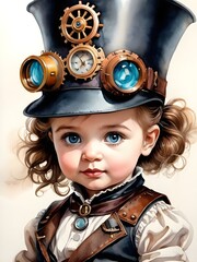 girl baby steampunk portrait, watercolor