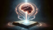 Glowing brain floating above an open book. 