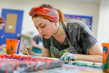 A woman is actively painting on a table in a classroom setting during an art therapy session focused on neurodiversity