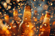 Closeup of cold beer bottles. Cold craft beer. Background image. Created with Generative AI technology.