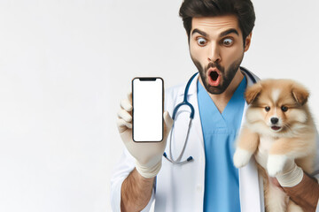 Shocked veterinarian worker holding smartphone with white mockup screen on white background