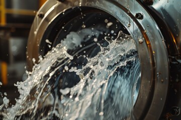 Closeup of a washing machine in operation, with water pouring out from the front