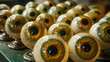 A tabletop of glass dilated green reflective eyeballs.