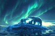 polar bear family having a picnic on an iceberg, feasting on fish sandwiches and ice cream while admiring the northern lights