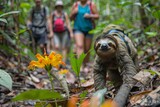 Fototapeta Mosty linowy / wiszący - sloth leading a group of hikers on a nature trail, taking its time to appreciate every leaf and flower along the way