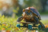 Fototapeta Mosty linowy / wiszący - turtle riding a skateboard down a grassy hill, wearing sunglasses and a backwards cap for added coolness.