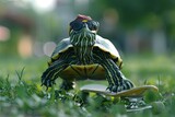 Fototapeta Miasta - turtle riding a skateboard down a grassy hill, wearing sunglasses and a backwards cap for added coolness.