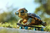 Fototapeta Most - turtle riding a skateboard down a grassy hill, wearing sunglasses and a backwards cap for added coolness.
