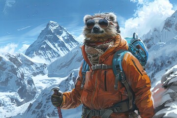 Wall Mural - a sloth with backback and wearing mountain clothes and gear climbing everest mountain