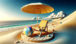 Comfortable beach chair facing the ocean, yellow umbrella, olorful beach ball,. The overall atmosphere is relaxed and inviting, designed to evoke the spirit of summer vacations. 