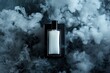 Top-down view of a black and white perfume bottle surrounded by smoke on a clean minimalist surface