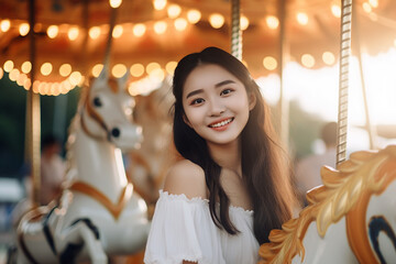 AI generated photo of happy attractive adult girl have fun enjoy weekend on the carousel amusement park