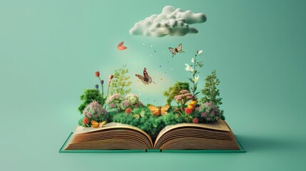 Sticker - Fantasy and literature concept. 3D style Illustration of magical book with fantasy stories inside it. The concept for World Book Day background with copy space. Beautiful background.