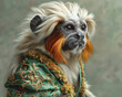 Emperor tamarin in regal robes of moss, watercolor clipart, sovereign of the emerald court