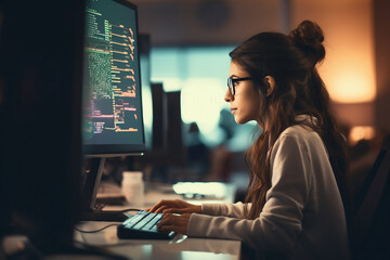 Hard working person in modern interior office programming writing web java script code AI technology generation