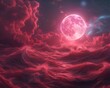 Swirling crimson hues of a moonlit sky, dotted with fluffy clouds ,3DCG,high resulution,clean sharp focus