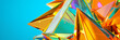 Collection of glossy, iridescent triangular prisms is arranged against a vivid blue backdrop, reflecting a spectrum of colors with a predominant golden hue that creates a warm, illuminated effect.