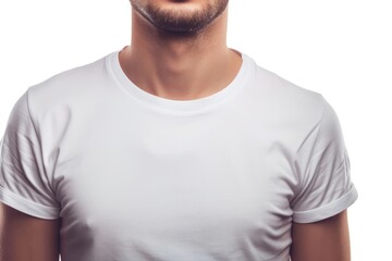 Wall Mural - A young man in a white t shirt on a white background.