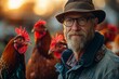 An unrecognizable farmer stands with a blurred background of chickens, emphasizing the human aspect of farming