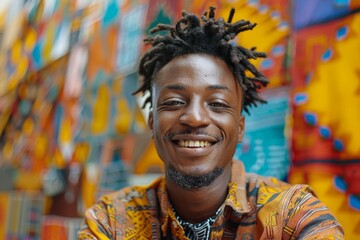 smiling African black man with dreadlocks in colorful shirt on bright background., cheerful mood