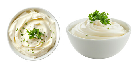 Bowl with white mayonnaise dip, side and top view, food bundle, isolated on a transparent background