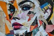 Colorful Collage Portrait of a Woman's Face Painted on a Wall with Vibrant Pieces of Paper