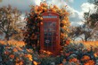 A stunning D red telephone box sits among lush greenery in a serene garden oasis, Generated by AI