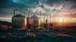 Industrial Hydrogen Production at Sunset. Concept Renewable Energy, Hydrogen Fuel, Industrial Processes, Sunset Photoshoot, Science and Technology