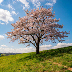 Wall Mural - A cherry blossom tree stands gracefully on a grassy hill overlooking the tranquil landscape of a field with a clear sky and fluffy clouds