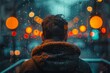 A somber atmosphere as a person is viewed from behind, raindrops on glass creating a bokeh effect with warm city lights