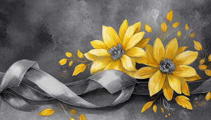 Wall Mural - Beautiful gift card or invitation background in dark grey and bright yellow colors in accents. Yellow flowers and grey ribbon on rough grey background