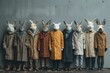 A mysterious and eerie row of individuals wearing animal masks, seemingly waiting or posing, creating an unusual and captivating aesthetic
