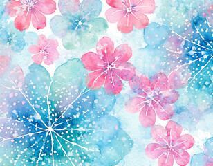 Wall Mural - Colorful Blue And Pink Flower Watercolor Pattern Background. Wallpaper. Valentine's Day Banner. Abstract. Winter.